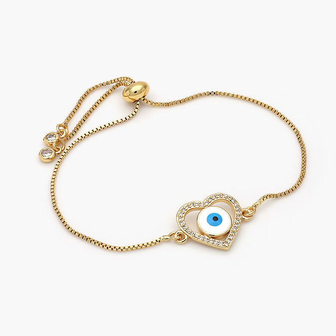 Pulsera Ajustable Chapa de Oro Corazón Ojo Turco Blanco Mod.453