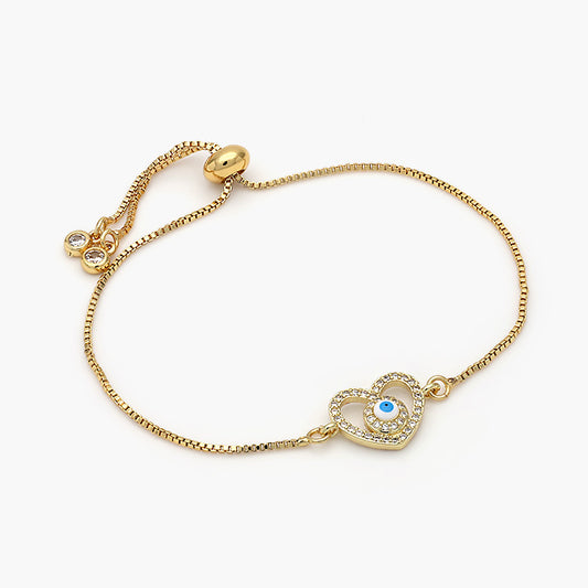 Pulsera Ajustable Chapa de Oro Corazón Ojo Turco Blanco Mod.452